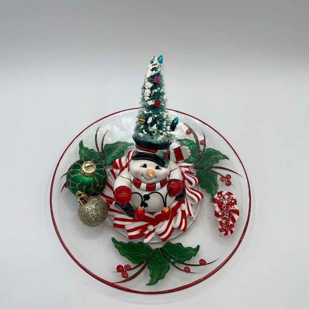 Vintage Ceramic Snowman With Bottle Brush Tree String Light Hat Candy Cane OOAK - Picture 2 of 16